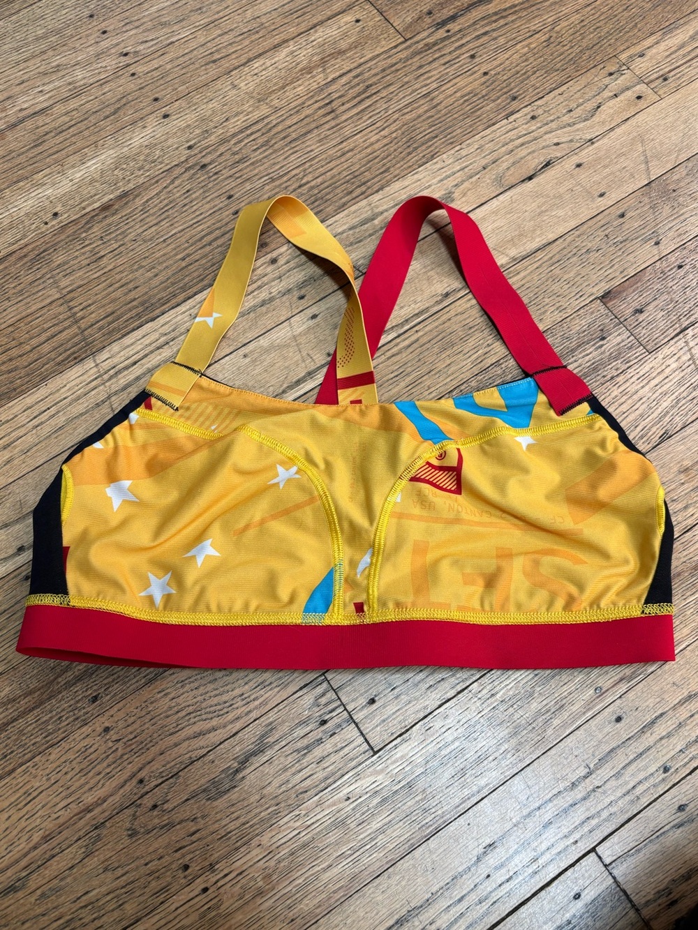 Reebok CrossFit Sports Bra with Red Straps and Blue Accents